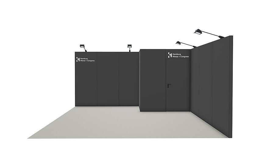 Ausstattungsbeispiel Anthrazit ohne Möbel | Refab Standbau mit recyceltem Material