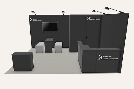 Ausstattungsbeispiel Anthrazit mit Möbeln | Refab Stand mit recyceltem Material