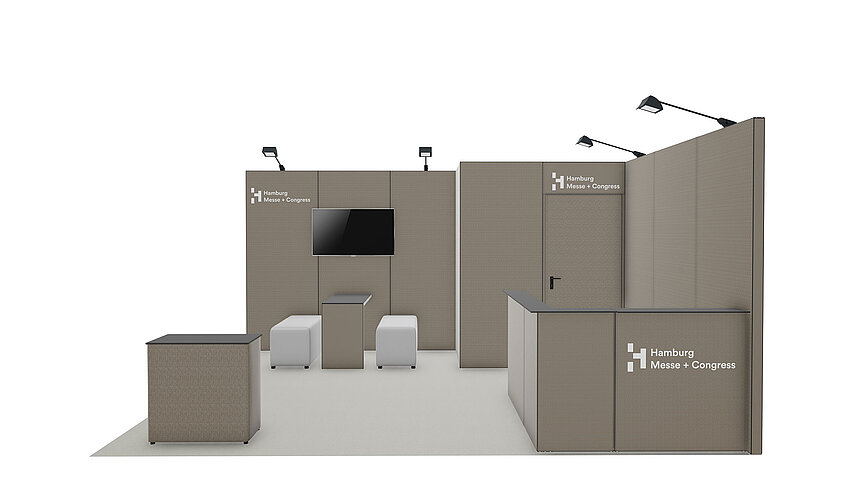 Ausstattungsbeispiel Beige mit Möbeln | Refab Standbau mit recyceltem Material