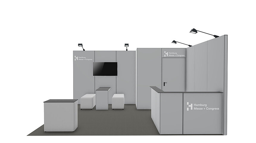 Ausstattungsbeispiel Grau mit Möbeln | Refab Standbau mit recyceltem Material