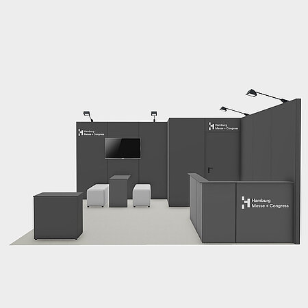 Ausstattungsbeispiel Anthrazit mit Möbeln | Refab Stand mit recyceltem Material