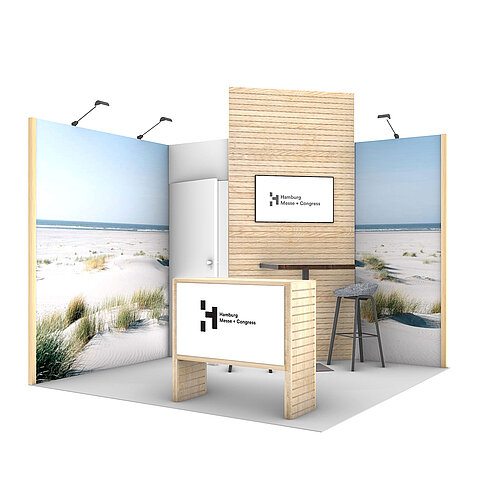 Turnkey Wood 9qm Eckstand | Standbau mit recyceltem Material