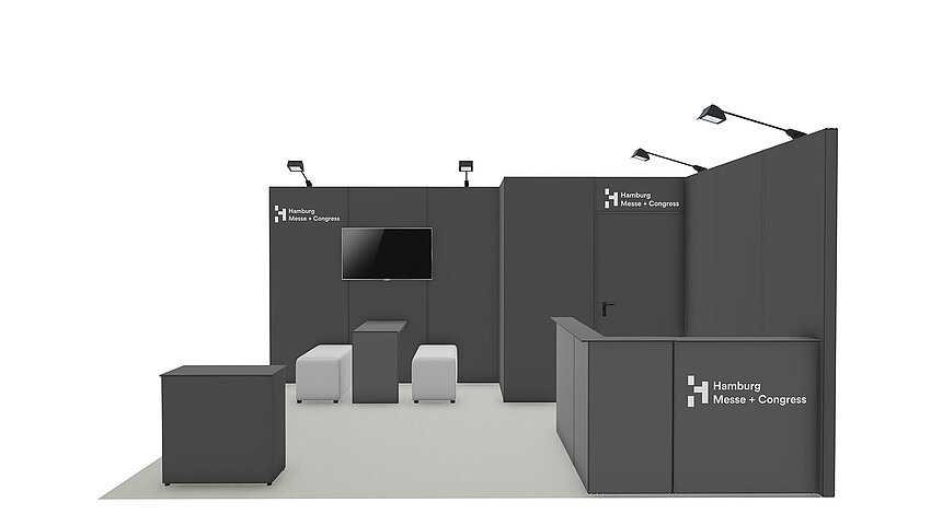 Ausstattungsbeispiel Anthrazit mit Möbeln | Refab Standbau mit recyceltem Material